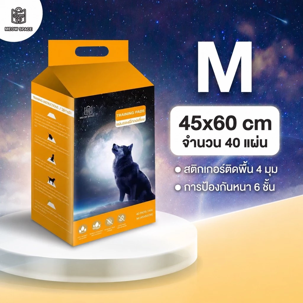 แผ่นรองฉี่สุนัข รุ่นชาโคล Meow Space Size M 1 แพ็ค แผ่นรองซับ Training pads มีกาว 4 มุม ซึมเร็วดูดซึมได้ดี หนา 6 ชั้น