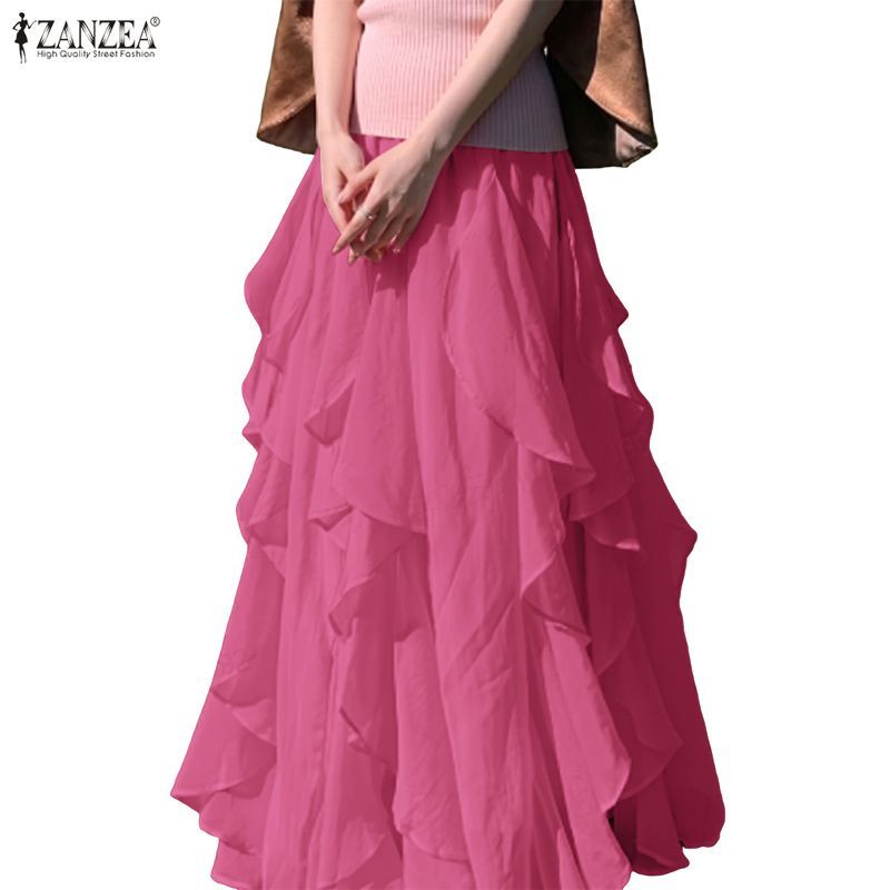 ZANZEA ผู้หญิงเกาหลีสไตล์หรูหรา Ruffle Hem สีทึบ A-Line กระโปรงเอวสูง