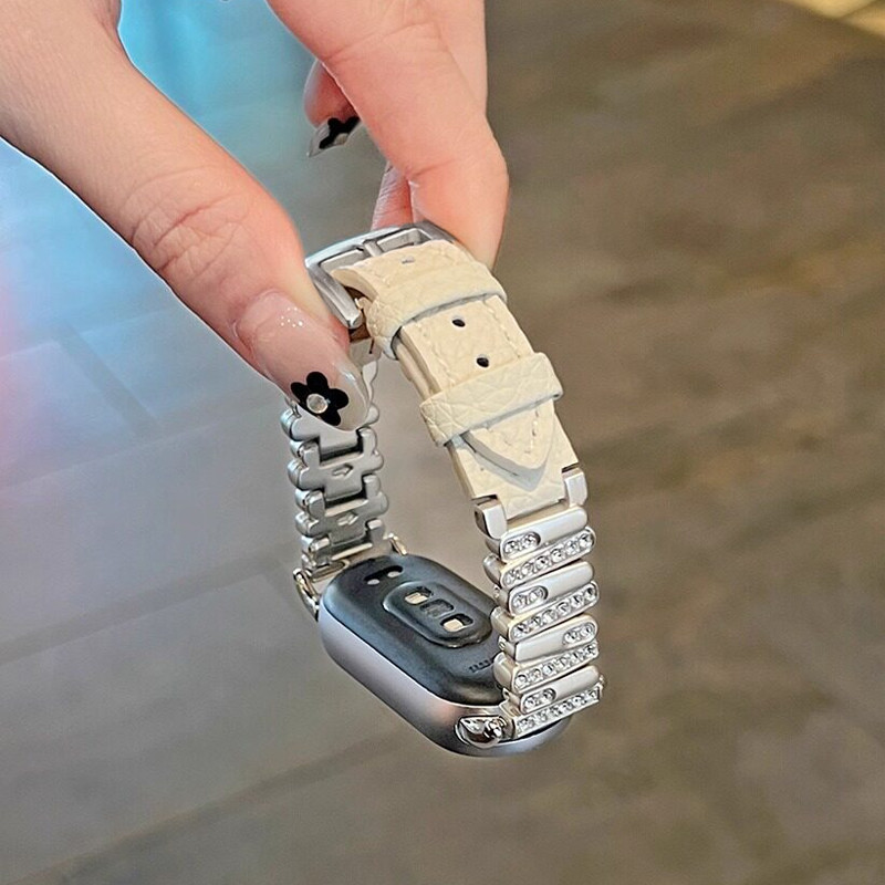 สําหรับ Xiaomi Mi Band 10 9 8 nfc สายนาฬิกาโลหะลิ้นจี่รูปแบบหนัง miband 9pro 8pro Redmi นาฬิกา 6/5/4