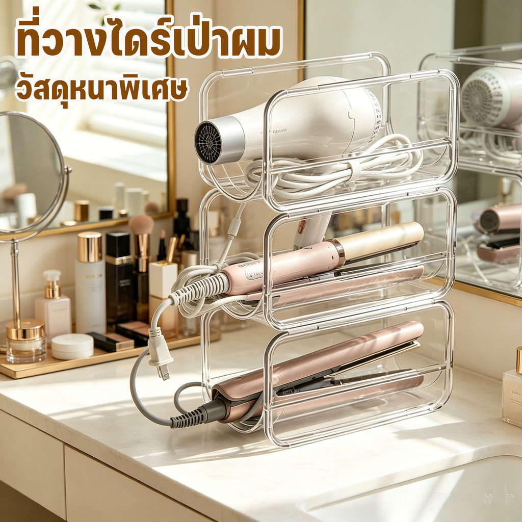 Allieuka ที่วางไดร์เป่าผม ชั้นวางของอเนกประสงค์ ใสหนาพิเศษ วางซ้อนกันได้ จัดเต็มความจุ เก็บหวี แปรง ครีม ได้หมด
