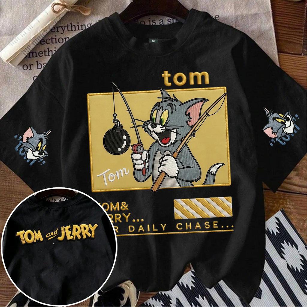 เสื้อยืดเด็กผู้ชายลายทอมแอนด์เจอร์รี่ พิมพ์ลุคปักผ้า ทรงหลวม ผ้านุ่มระบายอากาศ ยืดหยุ่น ไม่เป็นขุย