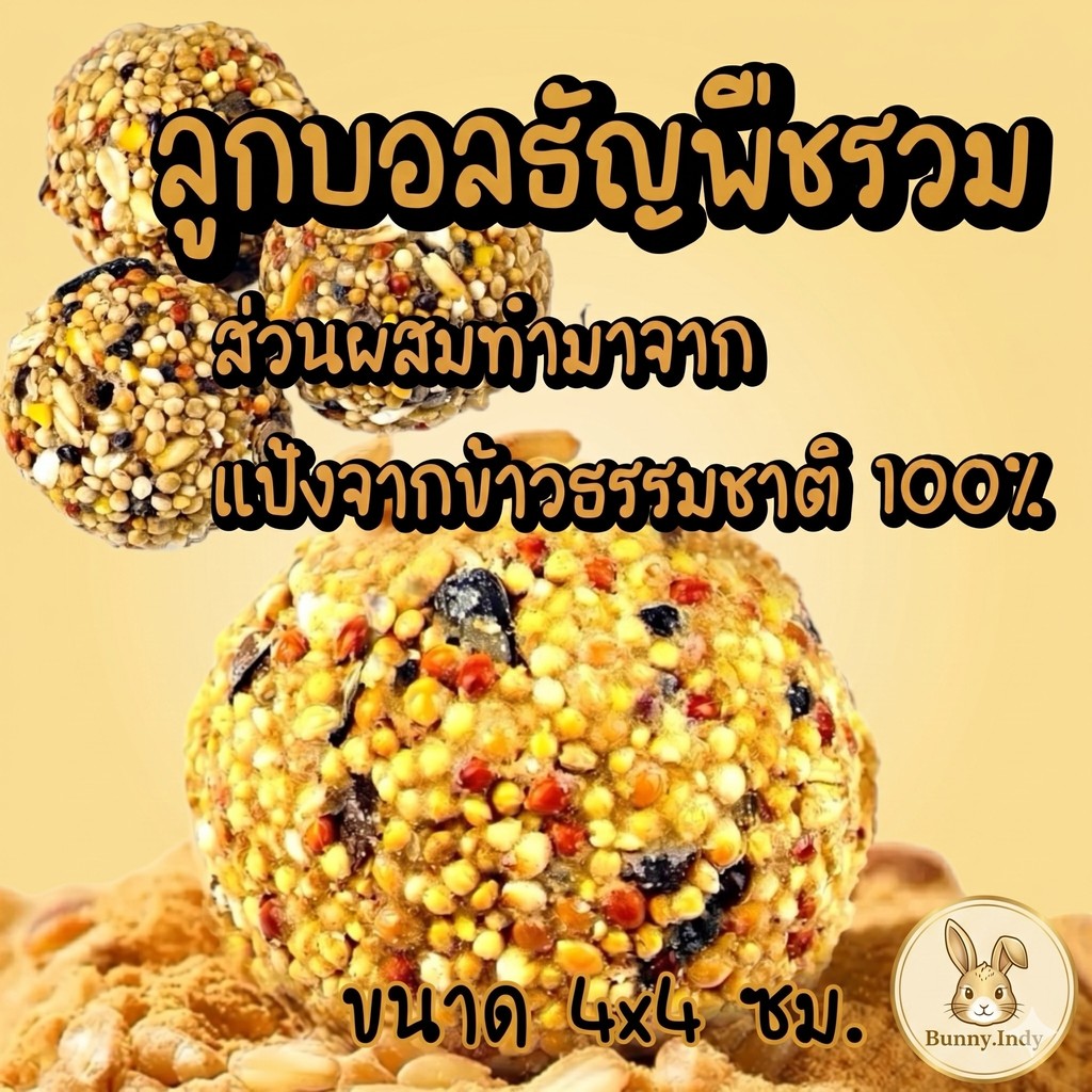 Bunny.indy ลูกบอลธัญพืช แฮมสเตอร์ ขนมนกแก้ว สัตว์เล็ก ลับฟันอัดก้อน แป้งข้าวธรรมชาติ