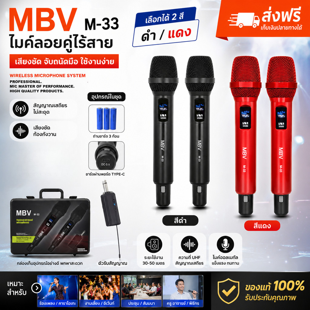 🔥 MBV M-33 ไมค์ลอยคู่ไร้สาย รุ่นยอดฮิต เสียงชัด ใช้งานง่าย ✨ ดีไซน์สวย เรียบหรู ไมค์เสียงดี ไมค์คู่ไร้สาย