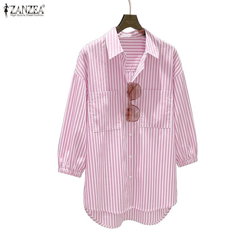 ZANZEA ผู้หญิงเกาหลี Streetwear Casual Turn-Down-Collar 3/4 แขนโคมไฟ Button-Up Stripe Midi เสื้อ