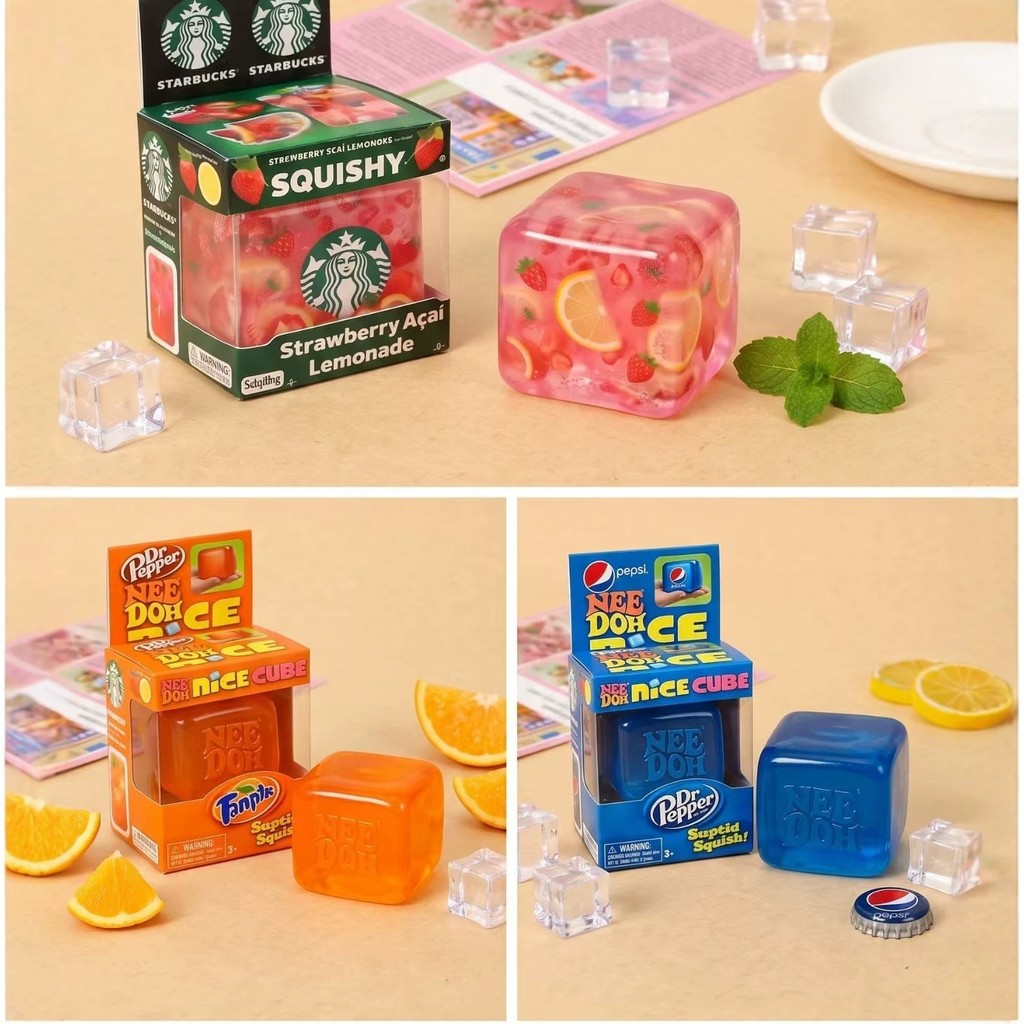 NeeDoh Nice Cube Cola Sprite Pepsi Fanta McDonalds Cube‌ Starbucks cube รุ่น Sensory Squeeze ของเล่นความเครียดบรรเทา Fidget ของเล่นนุ่มบีบยืด Ball ผ่อนคลาย Sensory