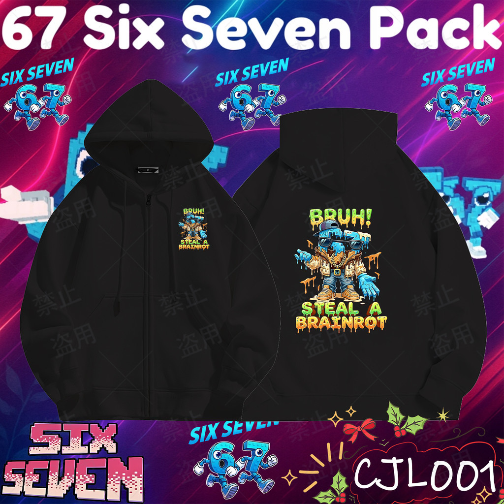 ใหม่ เสื้อกันหนาวเด็ก Game Steal a Brainrot ROBLOX 67 SIX SEVEN Long-Sleeved Zip-up Hoodie ผ้าCotton
