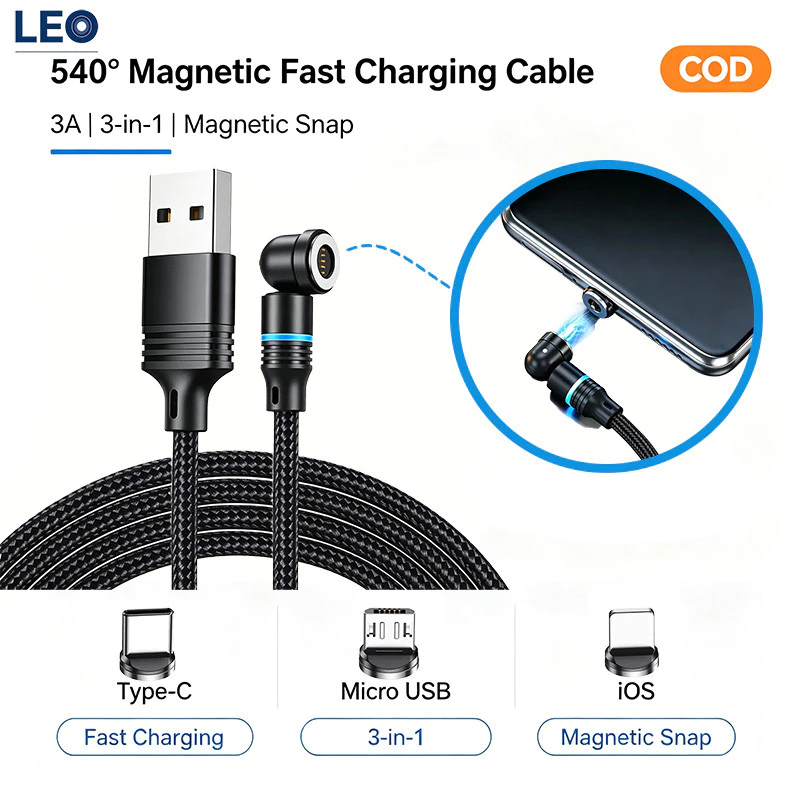 3A Fast Charging Rotatable Magnetic Charging Cable Type C Micro USB Data Cable For iPhone Xiaomi Oneplus Oppo Realme 540