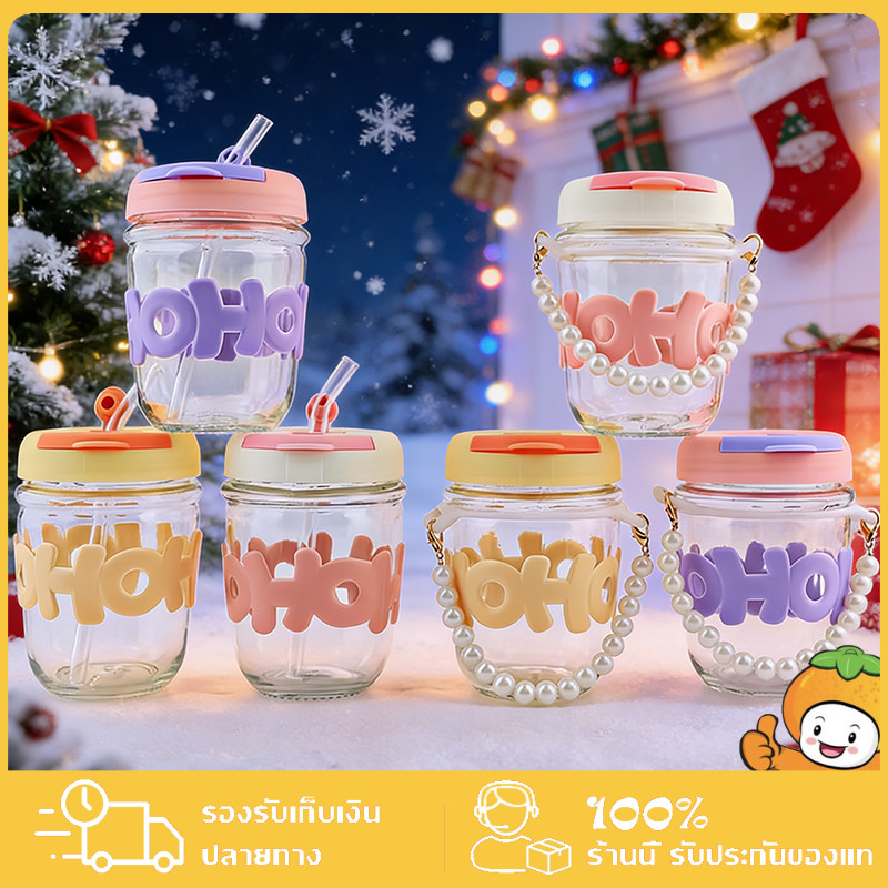 Christmas แก้วกาแฟ ใส่น้ำ พร้อมหลอดแก้ว 350ML