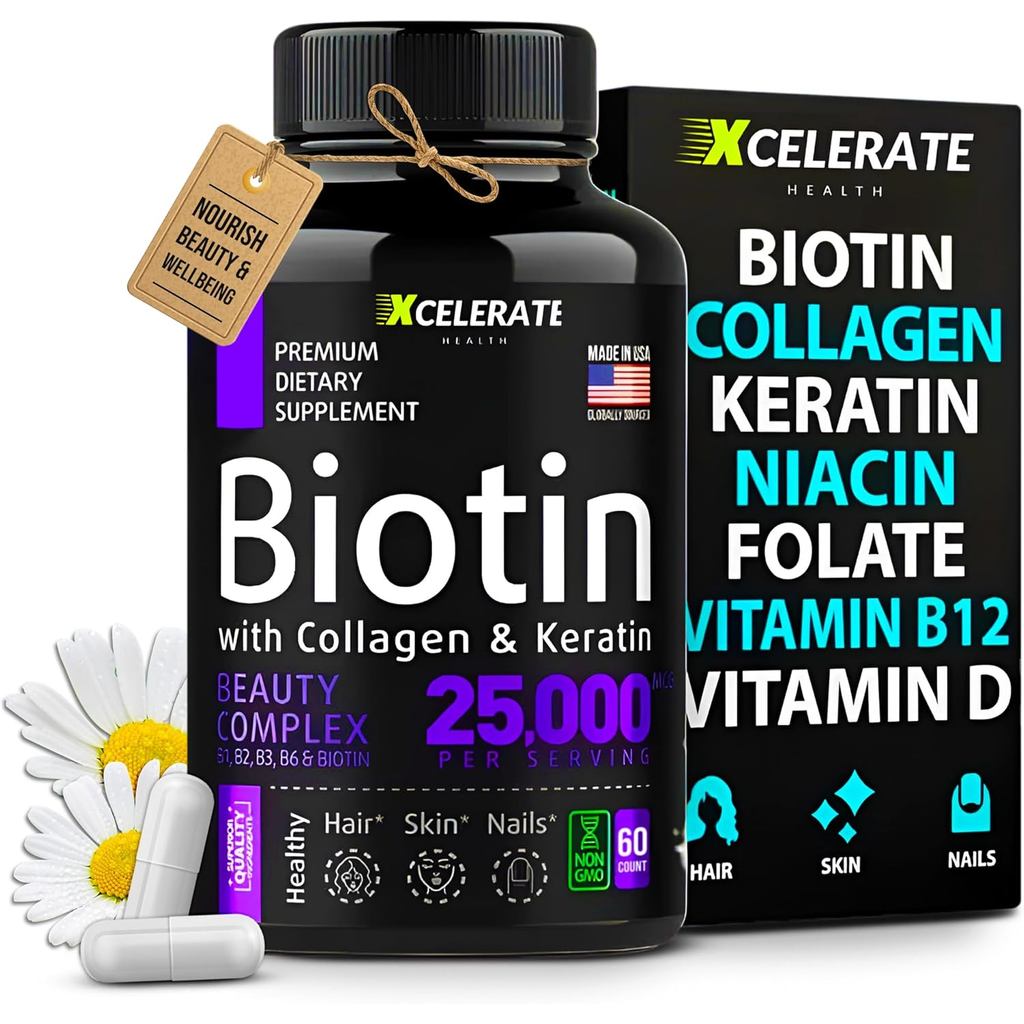 Biotin Collagen Keratin Capsules พร้อมวิตามิน A, D3, B12, B6, Niacin, Thiamin, Riboflavin, Folate & 