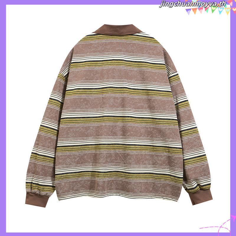 URTHE - เสื้อโปโล แขนยาว OVERSIZE ลายทาง รุ่น ST  LS