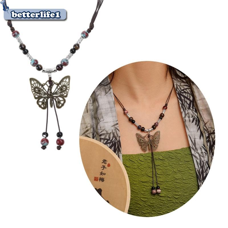 BTM Vintage Wax Rope Handmade Ceramics ลูกปัดผีเสื้อจี้สร้อยคอสําหรับคนรักผู้หญิงเสื้อกันหนาวเครื่อง