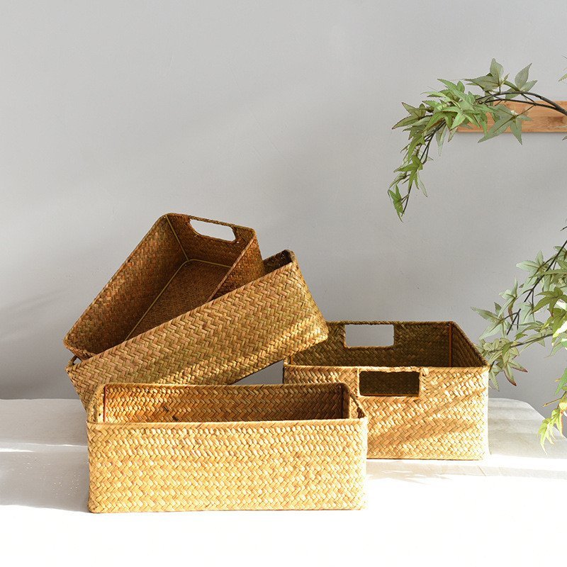 ฟางสก์ท็อปตะกร้าเก็บกล่องตะกร้าเก็บตะกร้าเก็บตะกร้าเก็บตะกร้าเก็บจัดระเบียบทอไม้ไผ่ทอขนมสี่เหลี่ยม s