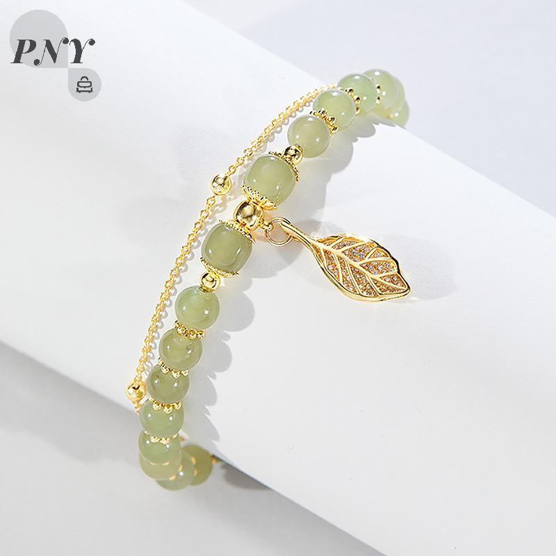 [PNY] อุปกรณ์เสริมสําหรับผู้หญิงเลียนแบบหยกสร้อยข้อมือลูกปัดใบสร้อยข้อมือโซ่สองชั้นสําหรับสาวเครื่อง