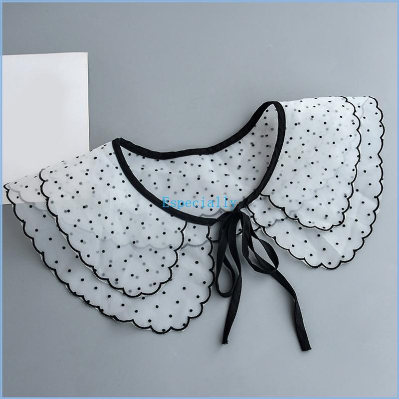 ESP ผู้หญิง Vintage Polka Dot Double Layer Faux Collar ผ้าคลุมไหล่ขนาดใหญ่ Elegant สีดํา Scalloped R