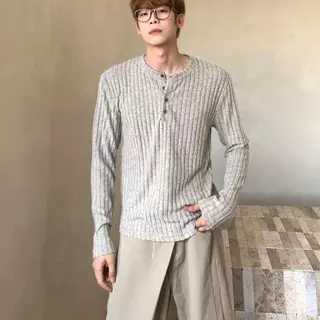 MR9 Henley Shirt T13 เสื้อยืดแขนยาว ผ้าไหมพรม เสื้อสเวดเตอร์ คอHenley วินเทจ