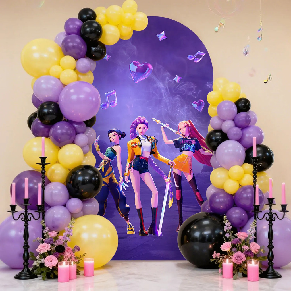 6.6ft K-pop Demon Hunters Arch ฝาครอบสองด้านสีม่วง K-pop Carnival ฉากหลังผ้าสําหรับวันเกิด Hunter Themes Party พื้นหลังภาพ