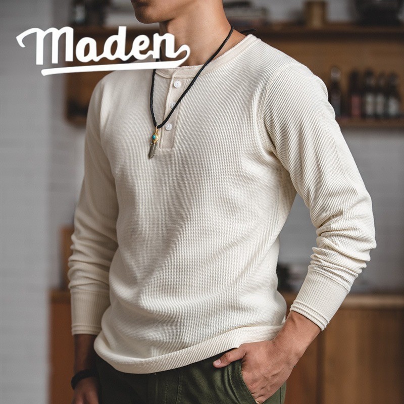 MADEN เสื้อเชิ้ตผู้ชายวินเทจ | Waffle Henley Shirt & เสื้อฮู้ดแขนยาวสีทึบ Amikaji