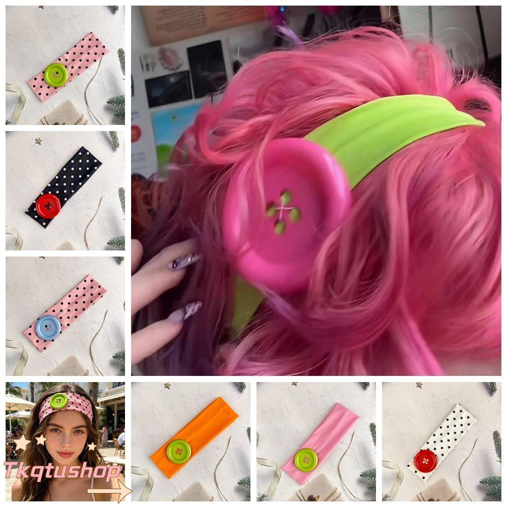 IMIHAN1 ที่คาดผมกระดุม, ที่คาดผมยางยืดสีสันสดใสปุ่มขนาดใหญ่, ที่คาดผมลายจุดดูดซับเหงื่อแบบยืดได้สไตล์หวาน