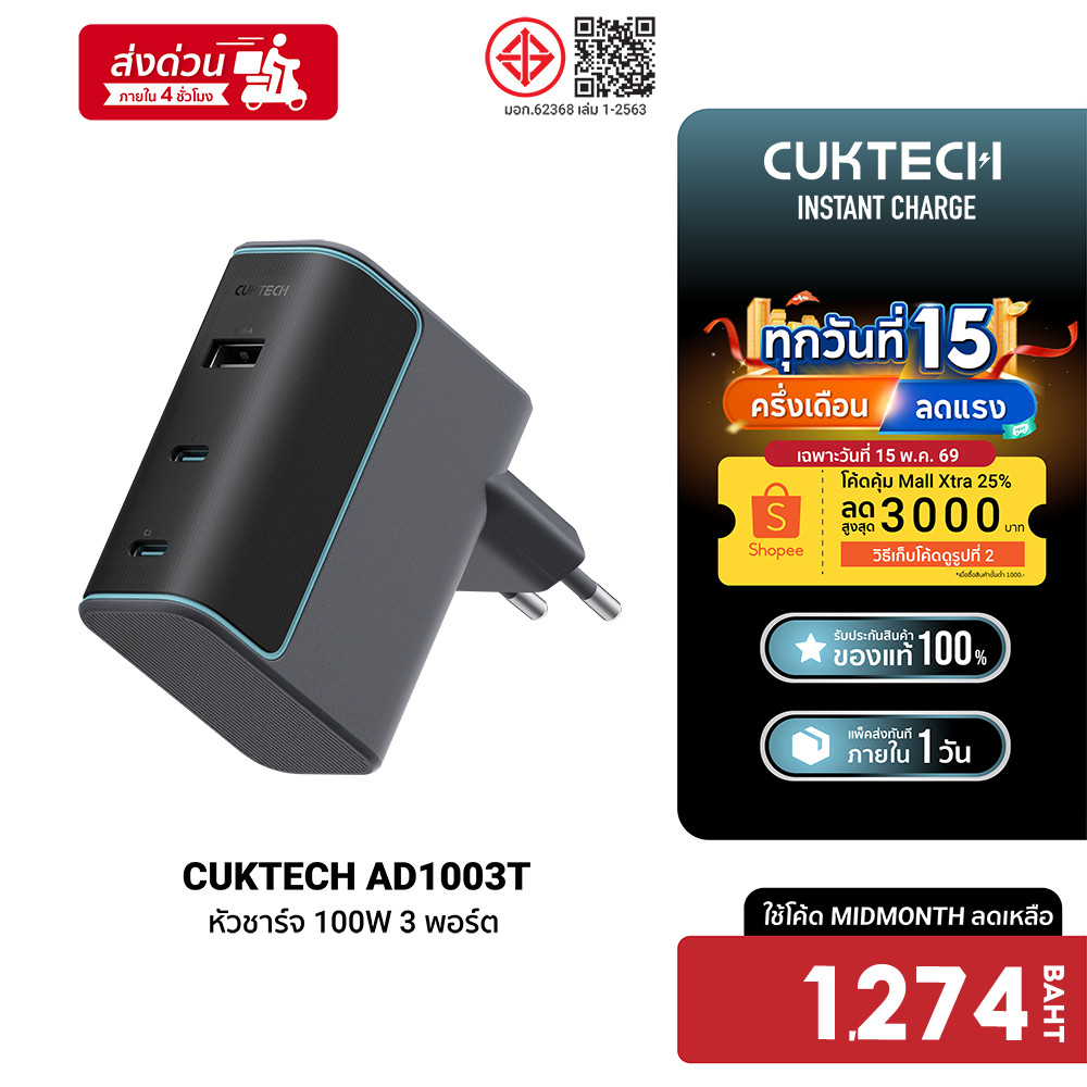 [ลดเหลือ 1274] CUKTECH GaN3 AD1003 120W / AD1003T 100W / CMC610 หัวชาร์จเร็ว 3 พอร์ต รองรับ PD3.0 , 