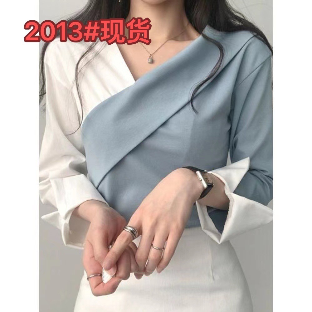 เย็บ Contrast Color Niche Design Bottoming เสื้อปิดไหล่ด้านบน I ขนแกะจํา TP9L