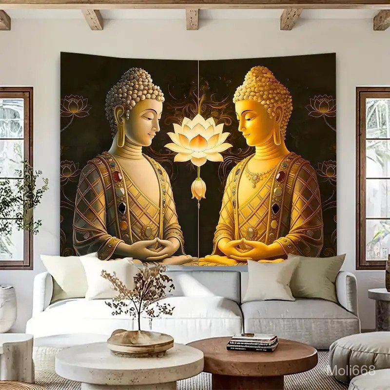 ผ้าแขวนผนังลายพระพุทธรูปแบบวินเทจ ผ้าปูพรมพระพุทธรูป แสงพระพุทธเจ้า ของตกแต่งผนังรูปพระพุทธรูป ผ้าปูพรมลายดอกบัว ของตกแต