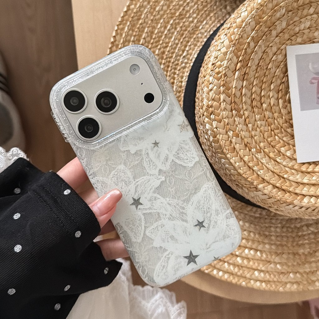 Glitter เลนส์ลูกไม้สีขาว & Star Lily ดอกไม้พิมพ์เคสโทรศัพท์สําหรับ IPhone 17 16 15 14 Pro Max Soft Edge Hard กลับกันกระแทกฝาครอบป้องกัน Elegant Coquette ความงาม