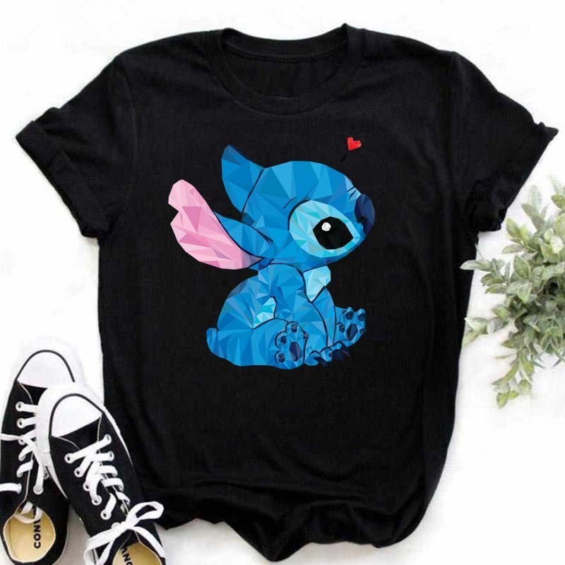 Disney Lilo Stitch การ์ตูนเสื้อยืดผู้หญิง Lady S-3XL ฤดูร้อนหญิงเสื้อยืดสีดํา O-คอ Ohana Stitch ร้อน