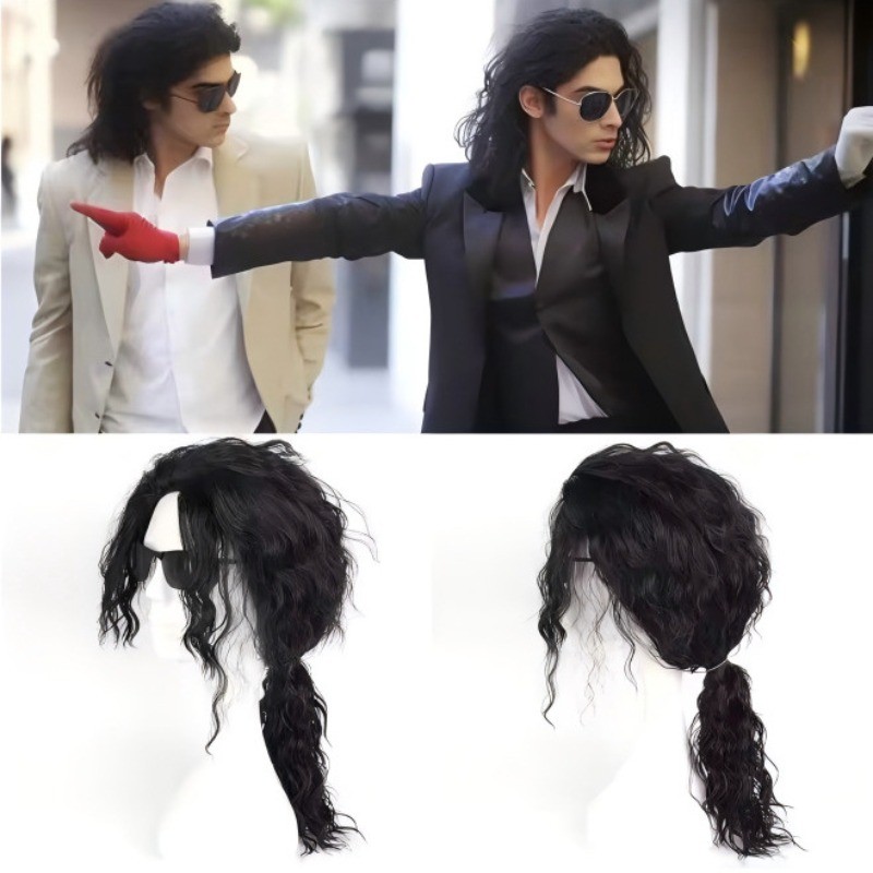 Michael Jackson Style Black Wavy Wig สําหรับผู้ใหญ่ - King of Pop เครื่องแต่งกายคอสเพลย์วิกผมสําหรับ Halloween, Tribute Shows & Themed
