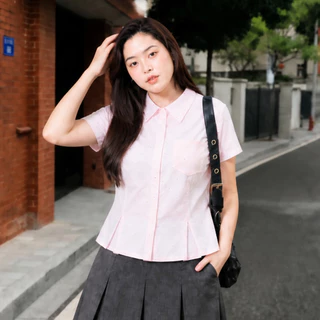 เสื้อเชิ้ตผู้หญิง แขนสั้น คอปก มีไซส์ S-2XL สีชมพูอ่อน ลายจุด Polka Dot กระดุมหน้า ทรงเข้ารูป