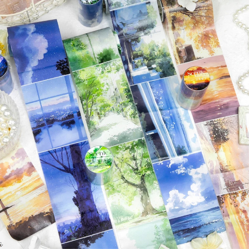 Journal GO 7.5x200 ซม.ทิวทัศน์ที่สวยงามเทปสติกเกอร์ไดอารี่ Scrapbooking Handmade DIY Junk Journal Supply ภูมิทัศน์กระดาษกาวเทป