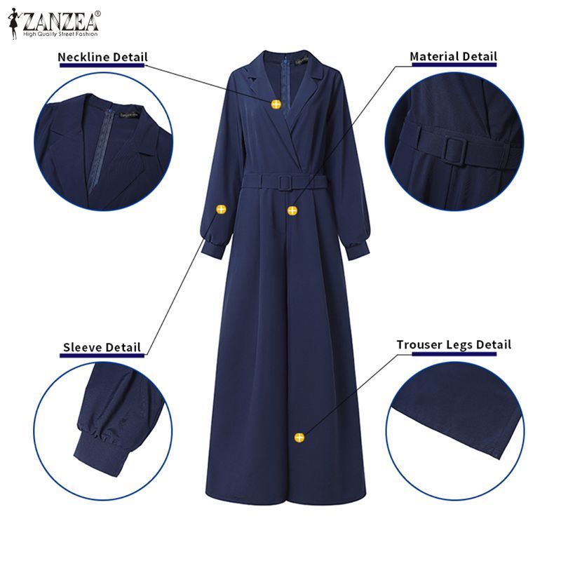 ZANZEA Celmia ผู้หญิง OL แฟชั่นลําลองคอปกแขนยาวเอว-Fitted ไม่มีเข็มขัดจั๊มสูทขากว้าง — صورة 7