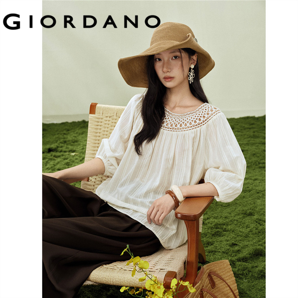 GIORDANO WOMEN Three-dimensional striped openwork round neck seven-quarter sleeve woven shirt - High Quality 18346804
