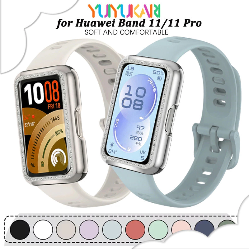 สายรัดซิลิโคนกรณีเพชร PC สำหรับนาฬิกาสมาร์ท for Huawei Band 11/11 Pro Sport สายรัดยางป้องกันหน้าจอ อุปกรณ์เสริม