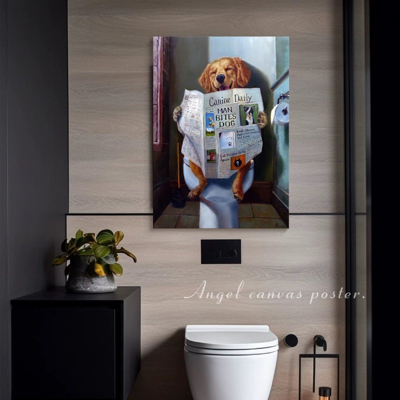 [กรอบไม้เนื้อแข็ง] นอร์ดิกภาพวาดตกแต่งสัตว์ตลกสุนัขอ่านหนังสือพิมพ์ อิน ตกแต่งบ้านห้องน้ําห้องน้ําภาพวาดวอลล์เปเปอร์ตกแต่งกรอบรูป