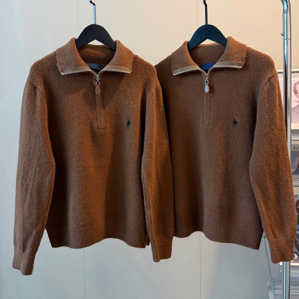 ILKH RL Women's Fashion Casual Loose Versatile Embroidered Zipper Pullover Knitted Sweater