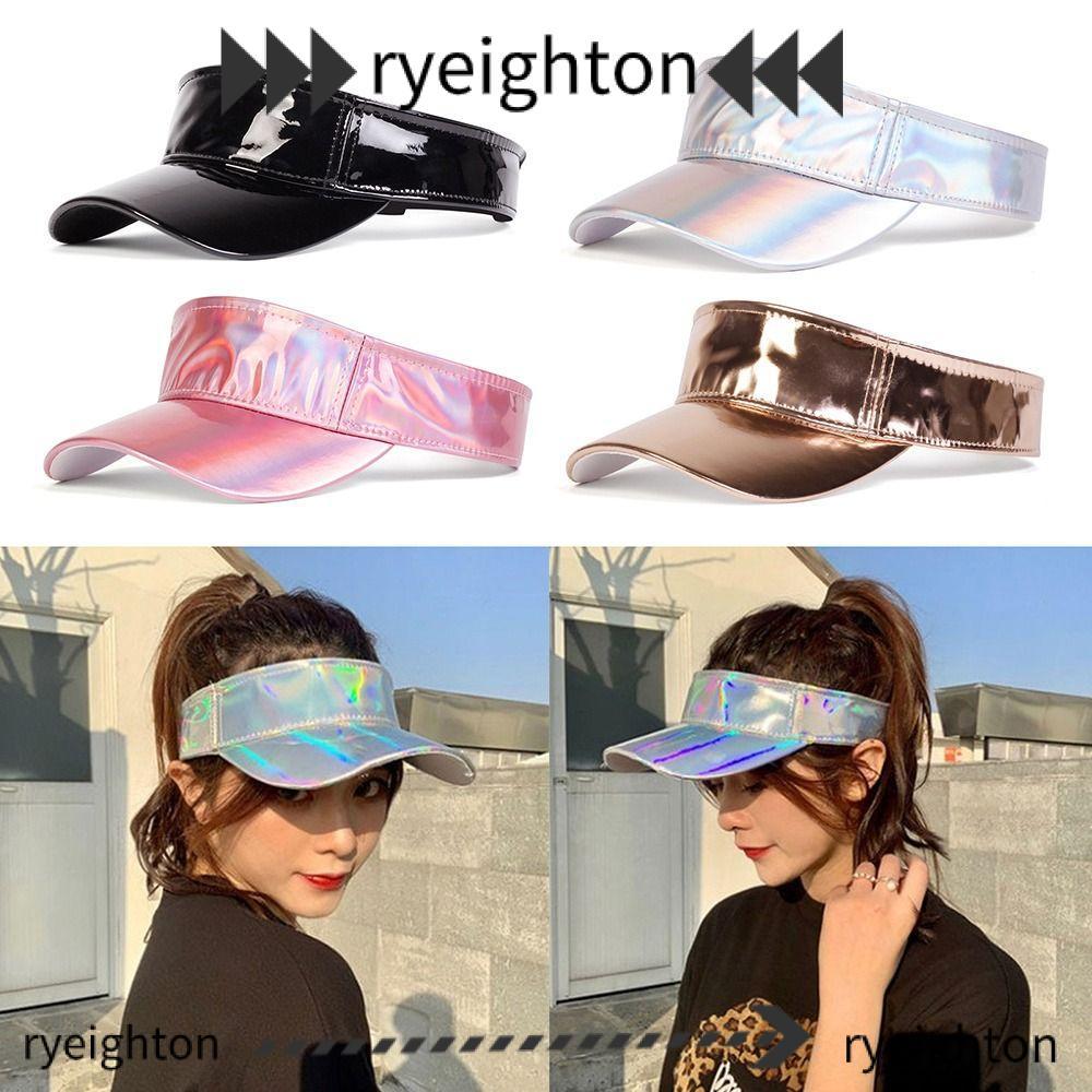 R YEIGHTON หมวก Sun Visor ทรงแฟชั่นHip-Hop สำหรับผู้หญิง ทำจากหนังเทียมพร้อมเลเซอร์.Blind สามารถปรับ