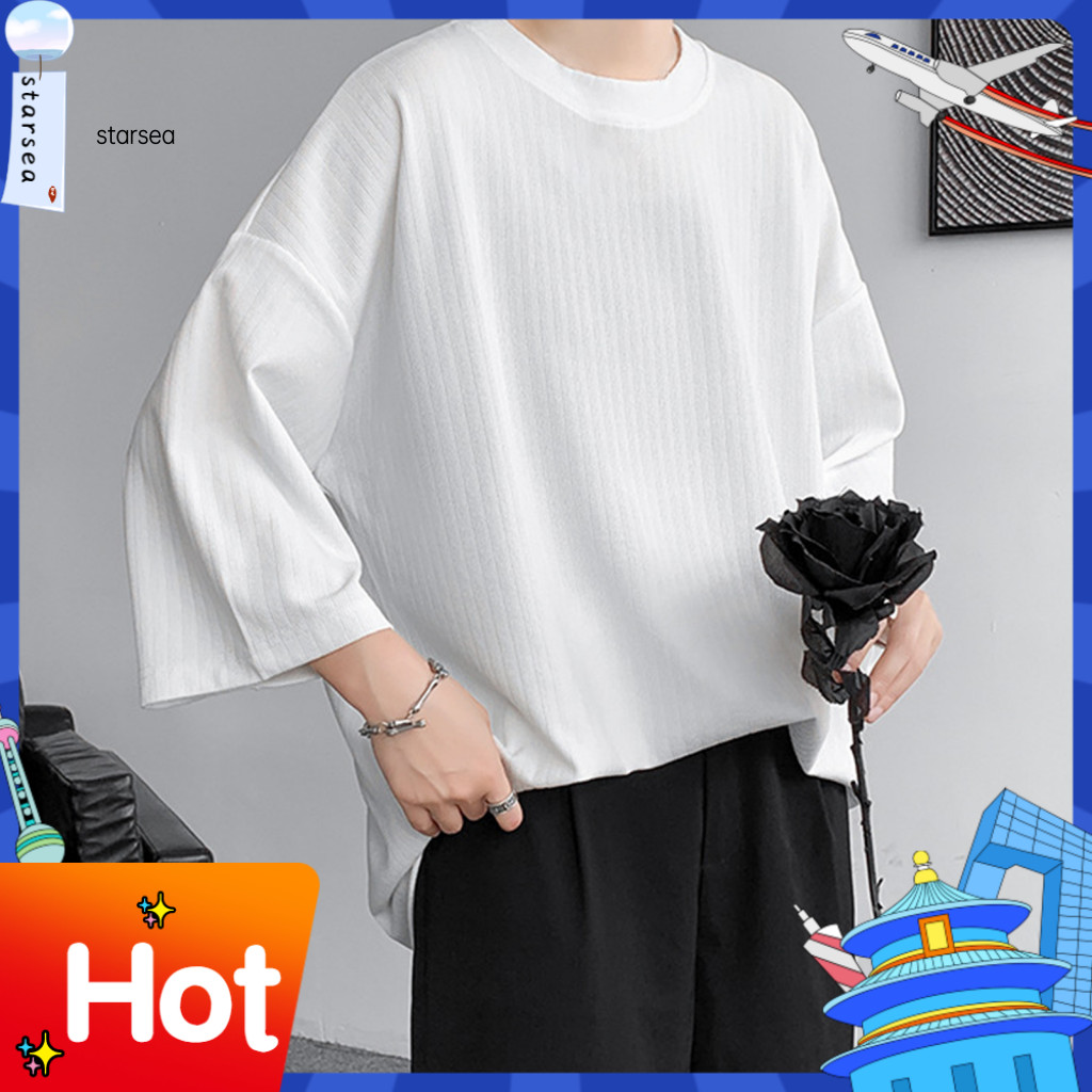 SRA ZK ผู้ชายสีทึบเสื้อยืดสบายผู้ชายเสื้อยืดคอกลมลําลอง 3/4 แขนหลวม Fit สีทึบ Tee เหมาะสําหรับ Stree