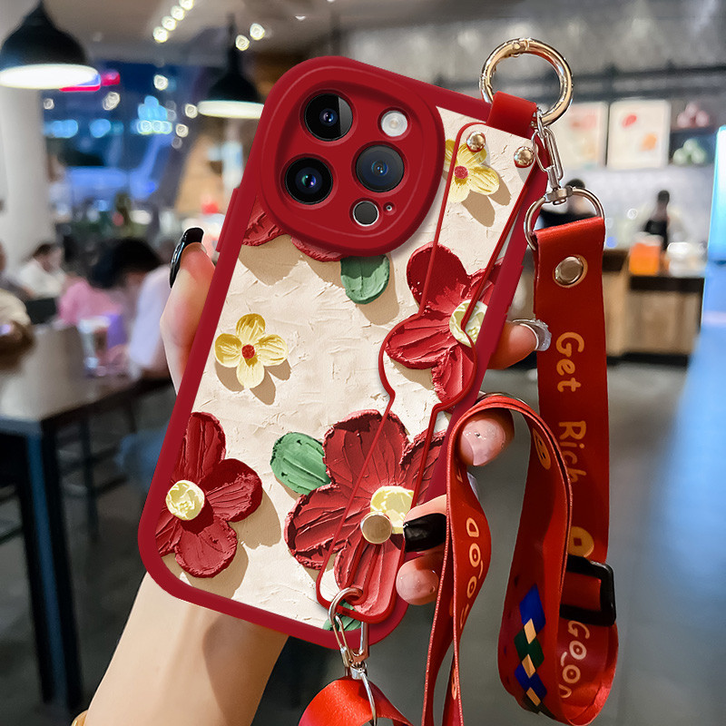 ดอกไม้ภาพวาดสีน้ํามันเหมาะสําหรับiPhone15ProMax Apple 16เคสโทรศัพท์17pm Halterคอ14สไตล์ใหม่หญิง13pmส