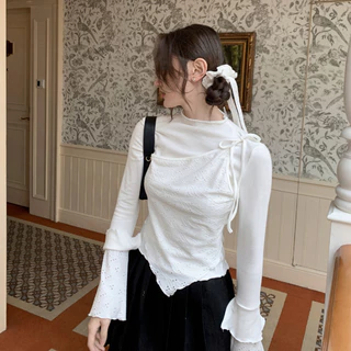 shayne-เสื้อยืดสตรี แขนยาว คอวี สีทึบ ประเภทการเชื่อมต่อ ประเภทรุ่น Slim Fit เรียบง่าย หวาน สุภาพสตรี แฟชั่นฤดูร้อน วิทย