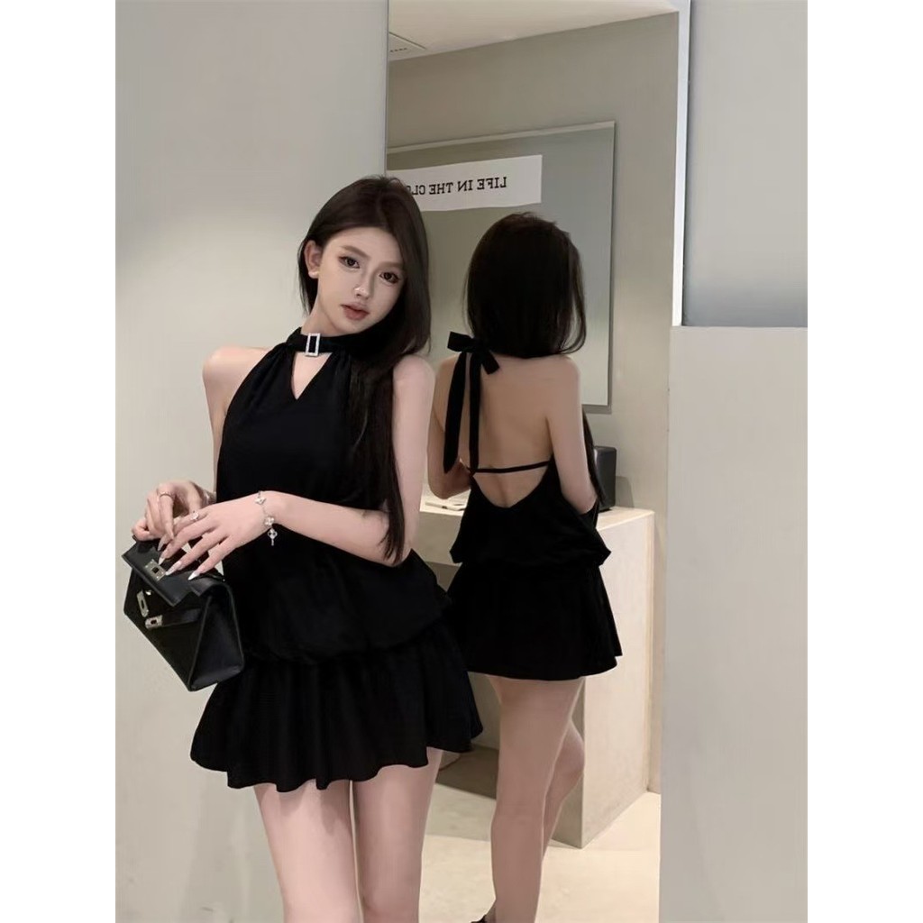Y2K 新款纯棉韩版背连衣裙女夏季性感优质感小清新腰显瘦短裙女Y2K ใหม่สีทึบ Halter Backless ชุดสําหรับผู้หญิง