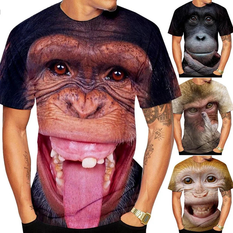เสื้อยืดแขนสั้นผู้ชาย ดีไซน์พิมพ์ลายลิง 3D ตลก สำหรับฤดูร้อน MHMA
