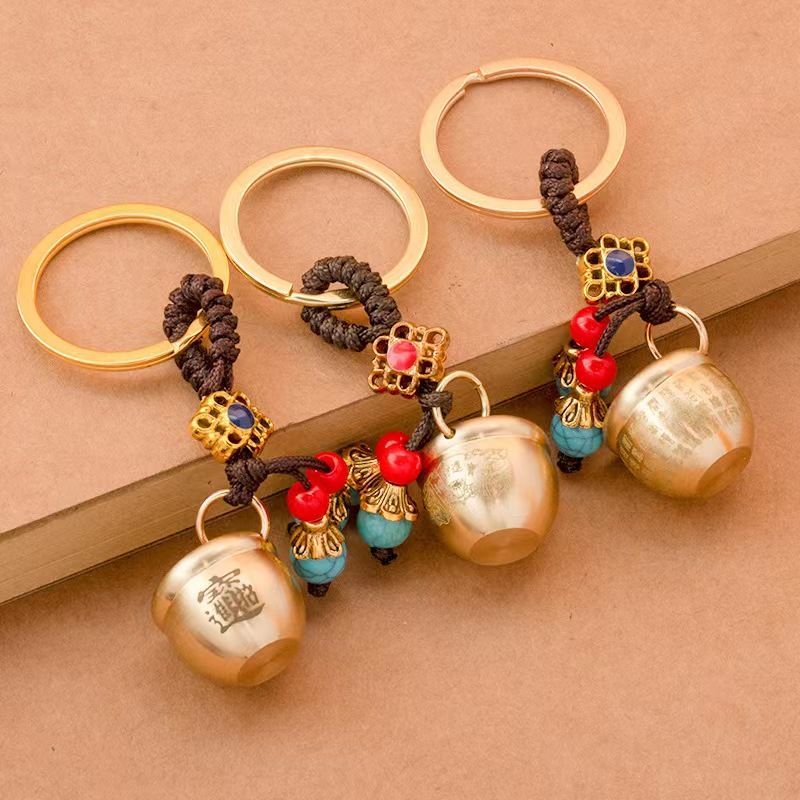 ทองเหลือง Baifu Lucky Fortune Treasure เชือกกระบอกขนาดเล็ก Handmade พวงกุญแจจี้พวงกุญแจทองเหลือง Bai