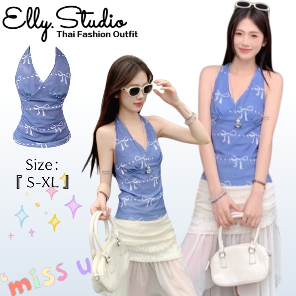 Elly พร้อมส่ง💙เสื้อคล้องคอ💙พิมพ์โปว์ เสื้อครอป คอวีลึก ผูกคอโบว์ใหญ่ โชว์หลัง เซ็กซี่ สไตล์เกาหลี สีฟ้า น่ารัก แฟชั่น
