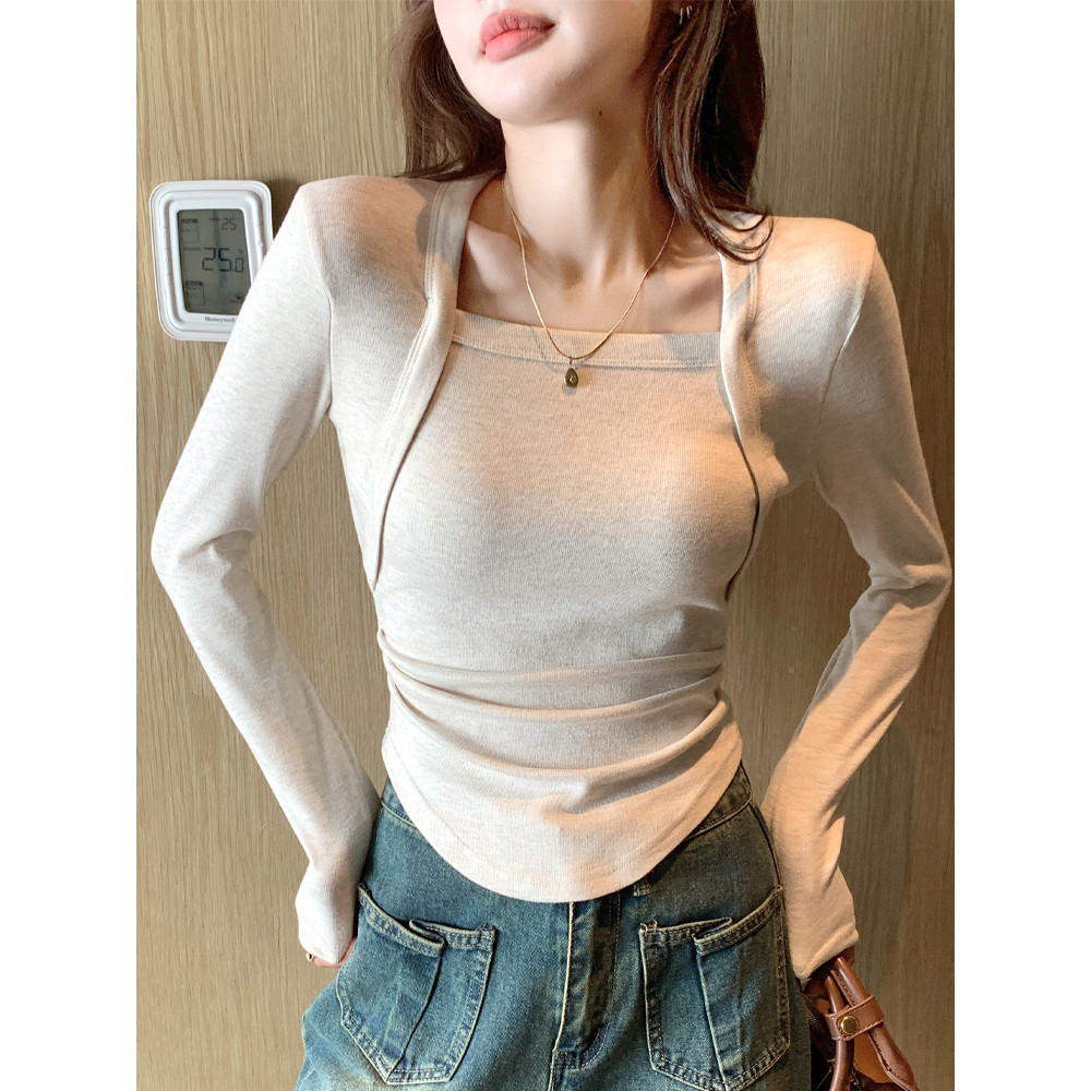 !H562 พิมพ์สีทึบสีทึบสีทึบสีทึบสีทึบสีทึบของผู้หญิงเสื้อด้านล่างฤดูร้อน H562 เข้มงวดเลือกฝรั่งเศสแขน