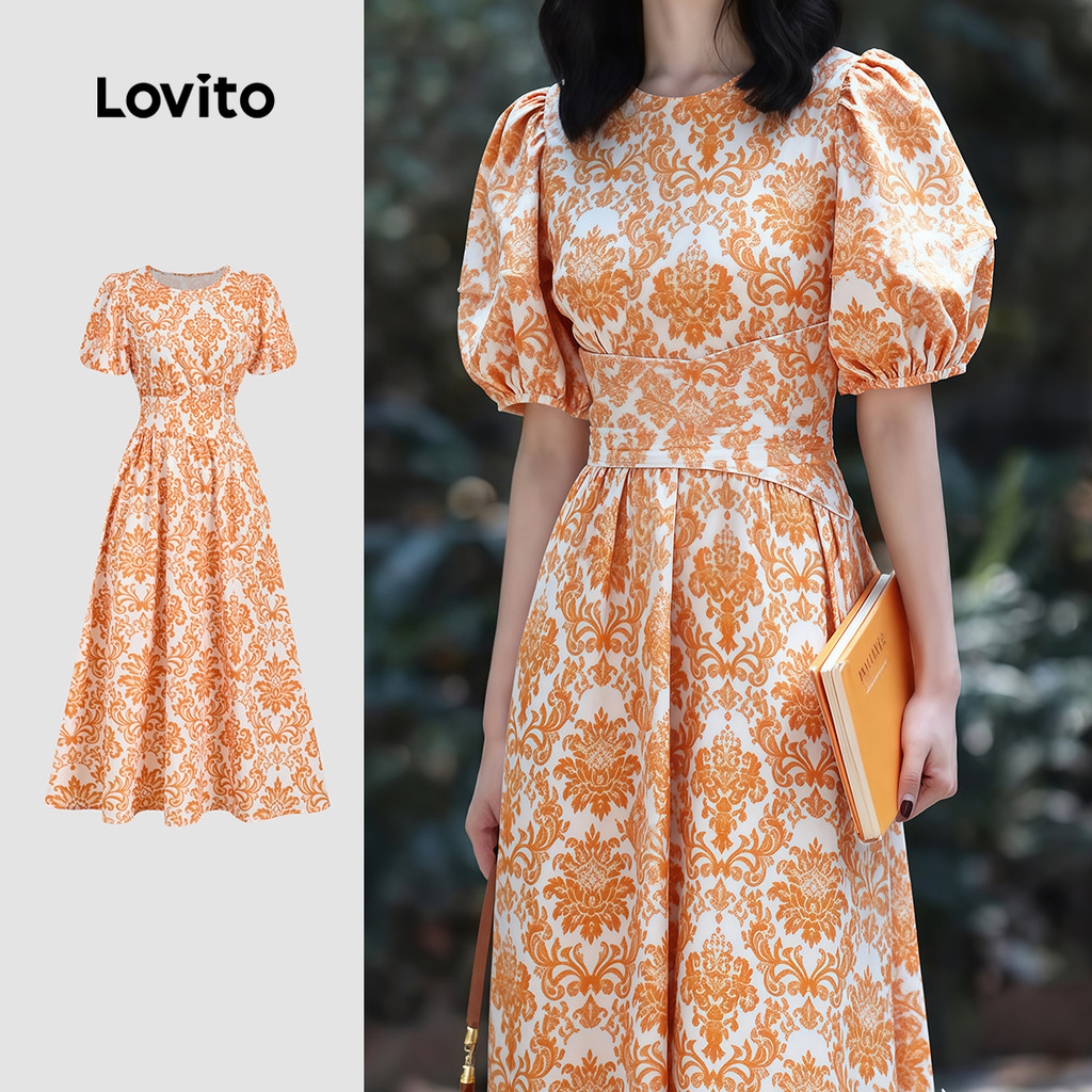 Lovito ชุดเดรสลําลองผู้หญิงซิปสปริง/ซัมเมอร์สีส้ม LBL30254
