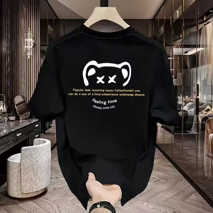 2026 Street Wear หลวมผ้าฝ้าย All-Match เสื้อยืดแขนสั้นผู้ชาย 2024 ฤดูร้อนหมีพิมพ์วัยรุ่นอินเทรนด์เสื