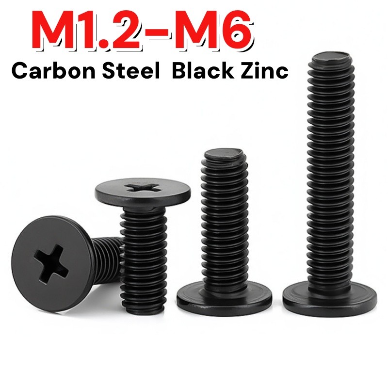 Black Phillips Cross Super Low Ultra Thin Flat Wafer Head Bolt สกรูแล็ปท็อปสําหรับคอมพิวเตอร์ M1.2 M1.4 M1.6 M2 M2.5 M3 M4 M5 M6 สกรูขนาดเล็กสลักเกลียว
