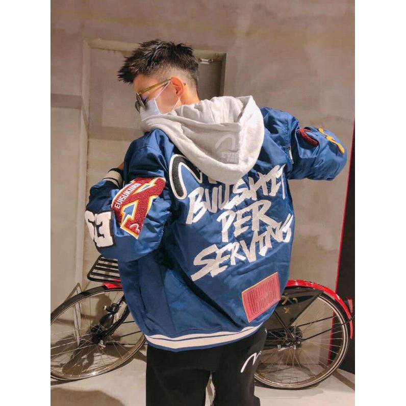 EVISU Fortune God Embroidered Letter Embroidered Baseball Jacket Cotton Jacket （Detachable Hat）