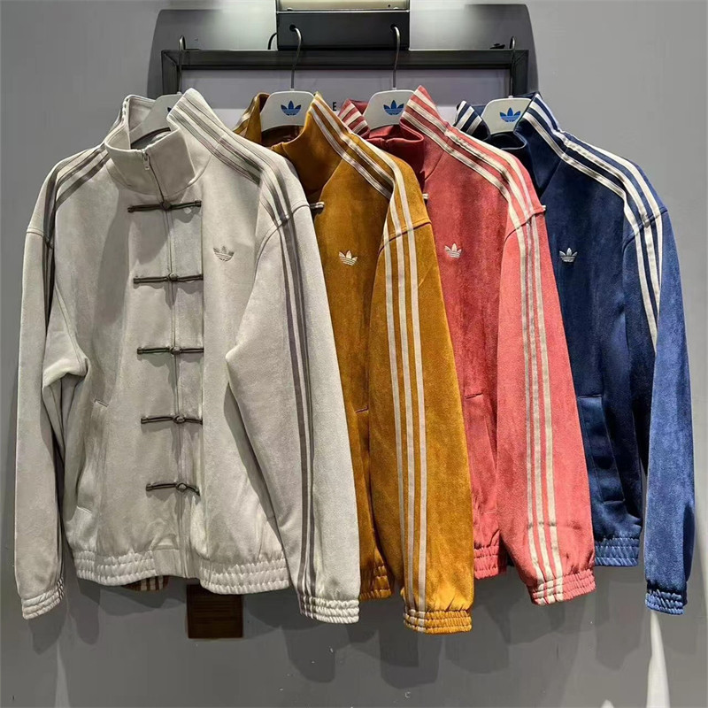 Adidas ในสต็อกปักโลโก้ชุด Tang สไตล์จีนใหม่เสื้อแจ็คเก็ตกํามะหยี่หนังกวาง