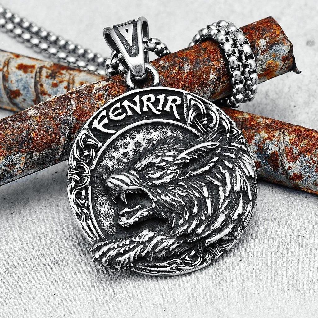 ไวกิ้ง Fenrir จี้หมาป่าสแตนเลส Nordic Mythology Celtic Knot สร้อยคอ Punk Amulet สําหรับแฟนชายเครื่อง